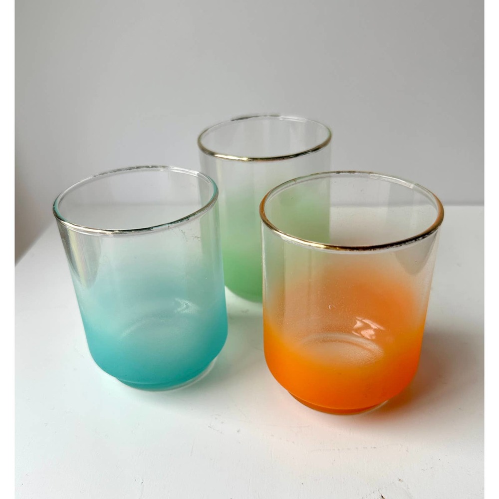 Vintage Blendo Juice Glasses 6 Ounce Set of Three Orange Blue Green Gold Rim
